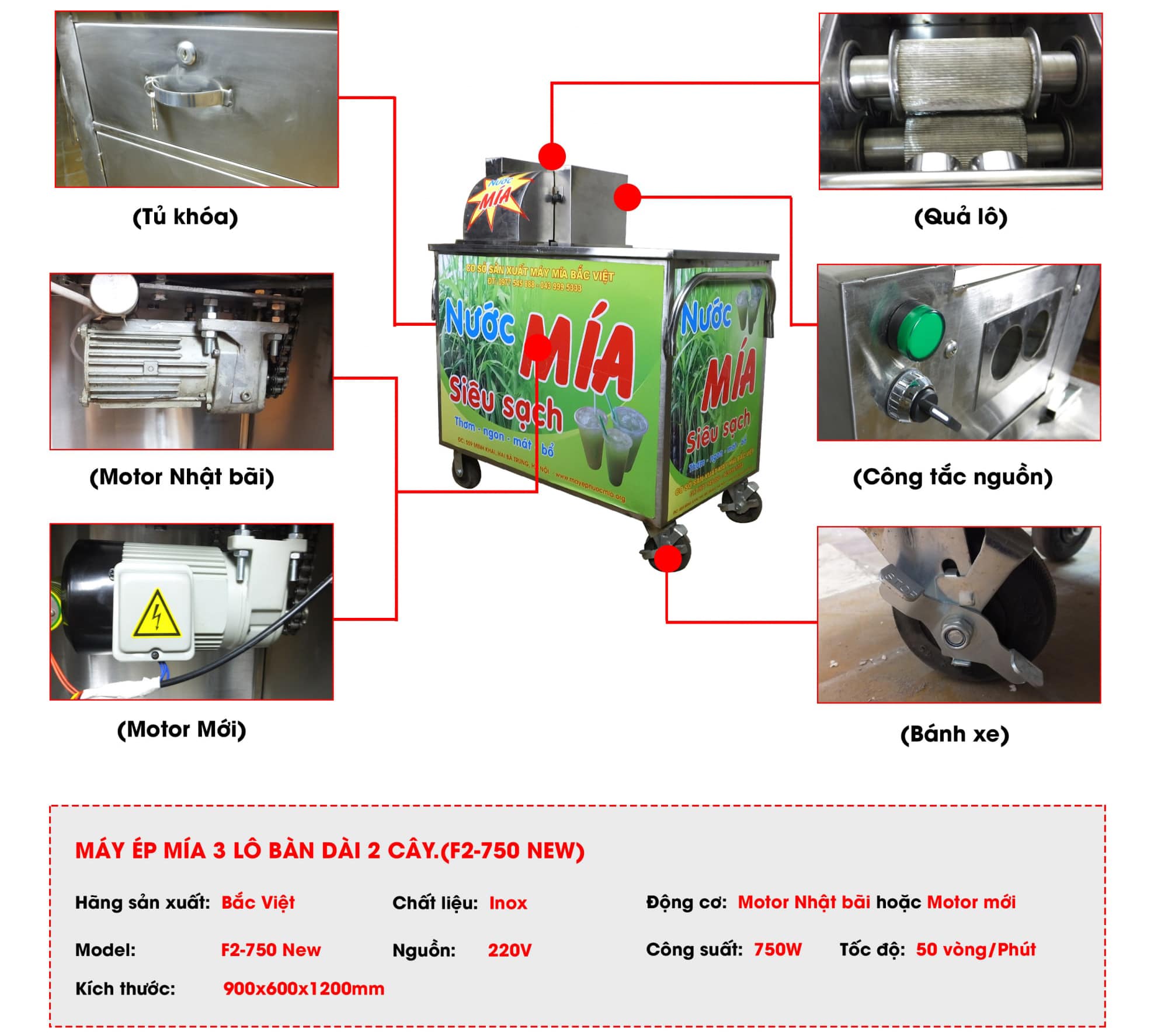 Cấu tạo máy ép mía 3 lô 2 cây bàn dài motor mới