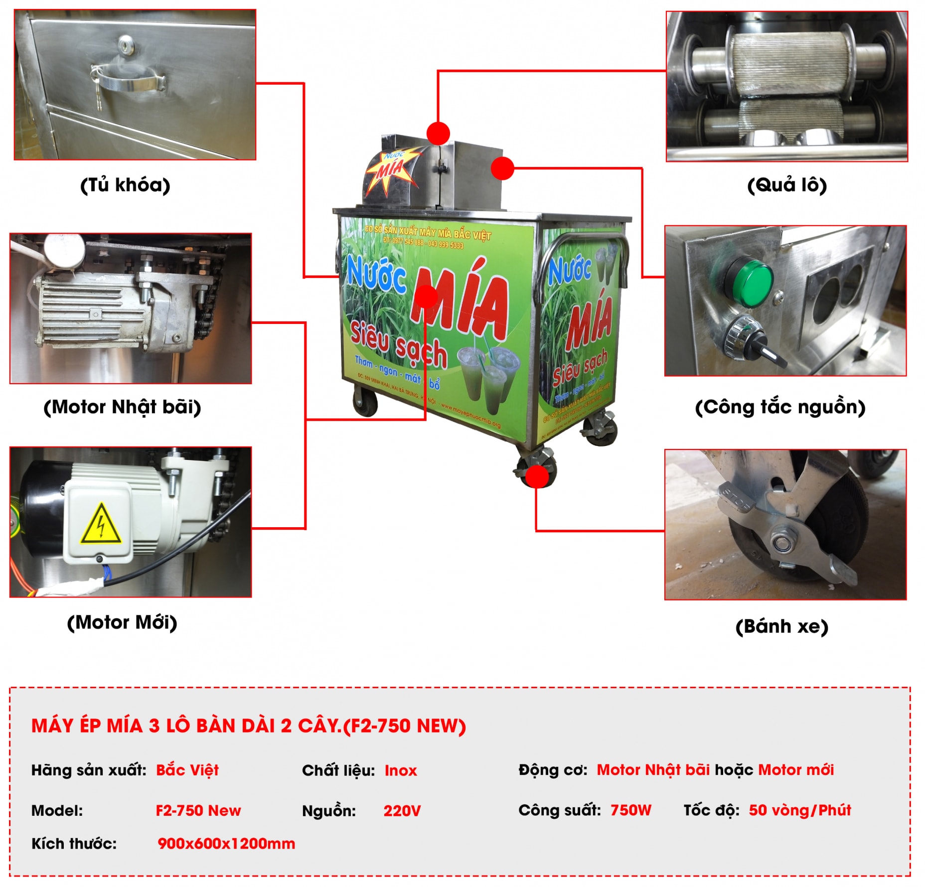 Máy ép mía 3 lô 2 cây bàn dài motor Nhật Bãi